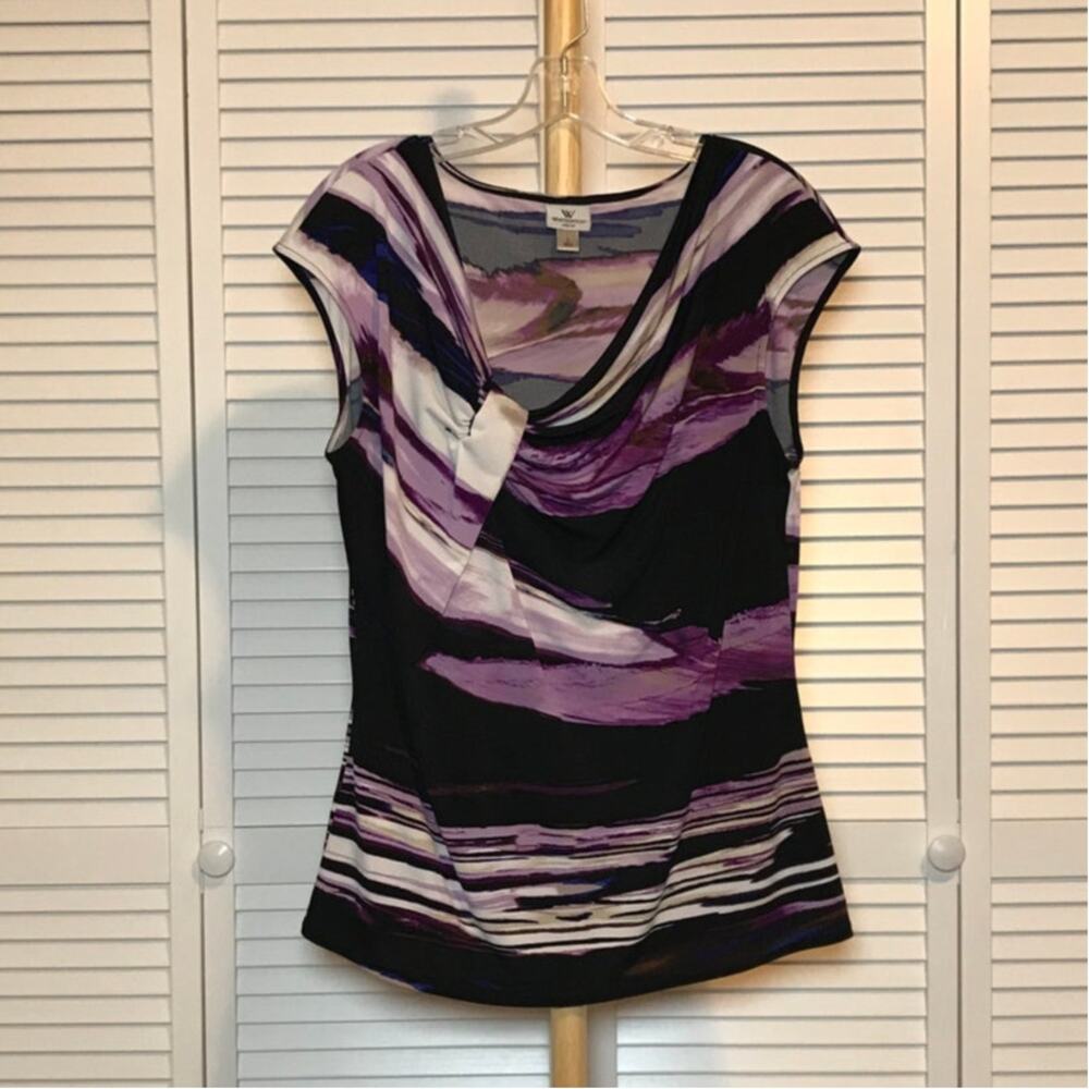 Worthington Striped Whimsigoth Y2K Purple Flutter Sleeves Ruched Blouse L